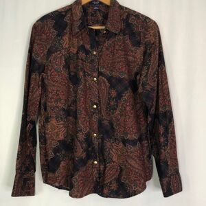 CHAPS womens button front blouse multi-color paisley print gold buttons size XL